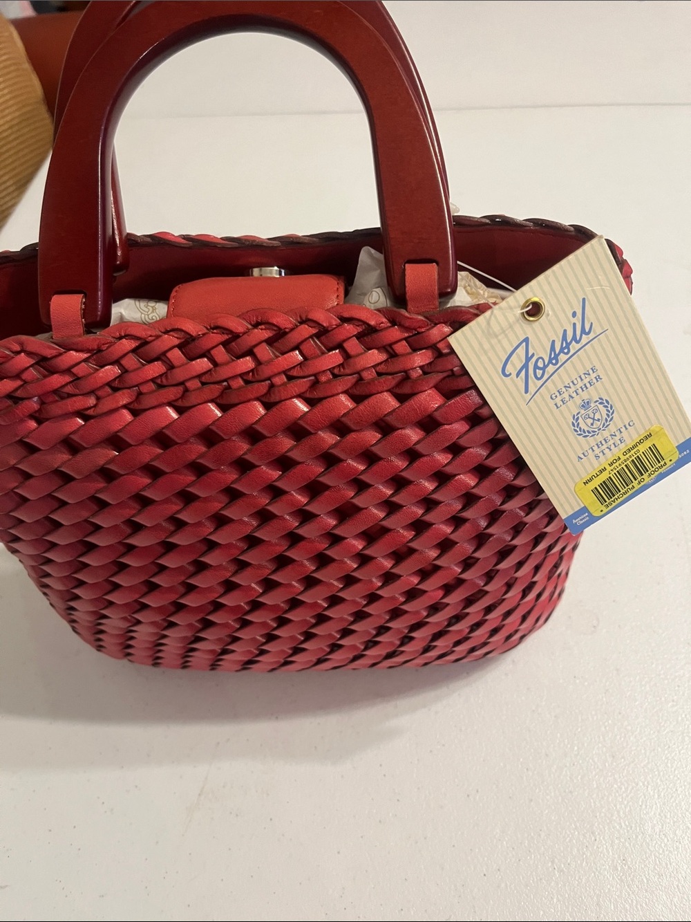 Fossil Red Woven Leather Top-Handle Satchel with Wooden Handles